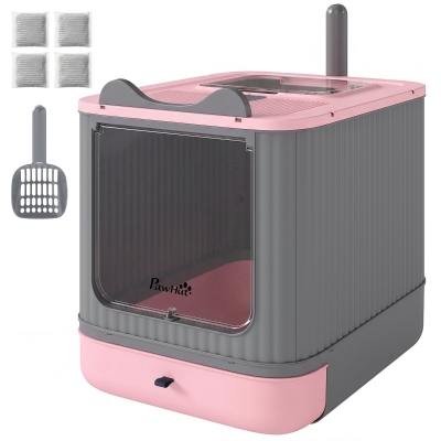 PawHut Enclosed Cat Litter Box with Lid, Scoop, Pink