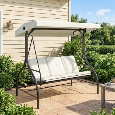 Outsunny Convertible Patio Swing Bed with Canopy and Cushions, 3 Seater Porch Swing for Outdoor, Backyard, Garden, Cream White