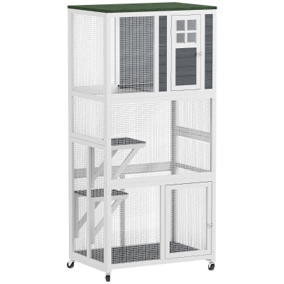 PawHut 74" Weatherproof Wooden Catio, Wheeled Cat Enclosure, Gray