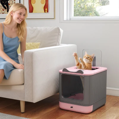 PawHut Enclosed Cat Litter Box with Lid, Scoop, Pink