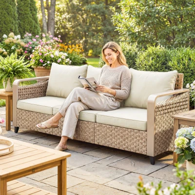 Outsunny Rattan 3-Seater Patio Sofa with Cushions, Beige