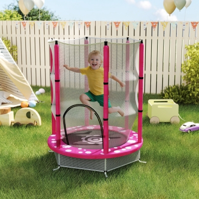 Qaba 55" Toddler Trampoline with Safety Enclosure Net, for Indoor Outdoor Use, Ages 3-6 Years, Pink