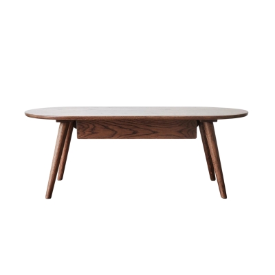 Solid Coffee Table with Modern Oval Top and Rounded Corners, 47″ L x 22″ W x 16.5″ H, Walnut
