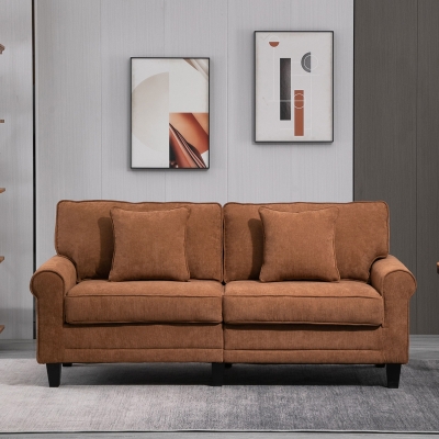 HOMCOM Modern 3 Seater Sofa, Corduroy Fabric 3 Seater Couch with Pine Wood Legs and Rolled Armrests for Living Room, Brown