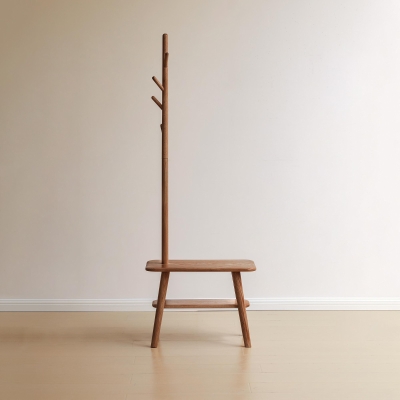 Solid Oak Coat Rack Bench with Shoe Storage and Coat Hanger, 31.5″ L x 13.5″ W x 65.5″ H, Natural