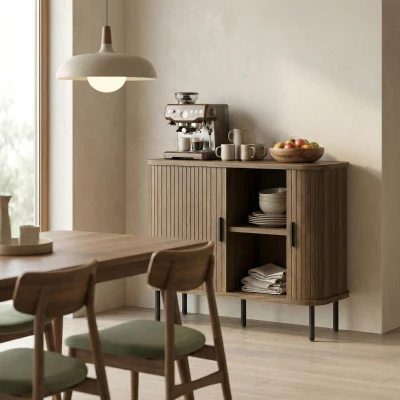 HOMCOM 35" Walnut Sideboard Buffet Cabinet with Tambour Doors