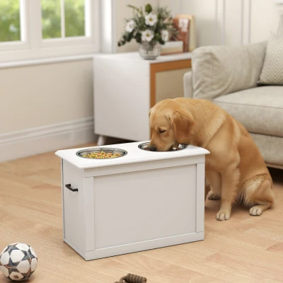 PawHut Raised Pet Feeding Station with 2 Bowls, White