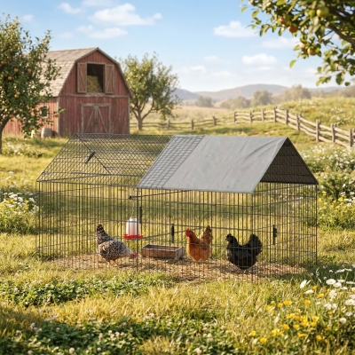 PawHut Metal Chicken Coop, Large Chicken Run with Water-Resistant & Anti-UV Cover for 2-3 Hens, Outdoor Hen House with 4 Doors