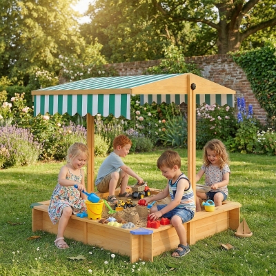 Outsunny Wooden Sandbox with Cover, Kids Sandbox Outdoor with Adjustable Canopy and Seats for Backyard, Beach, Light Brown