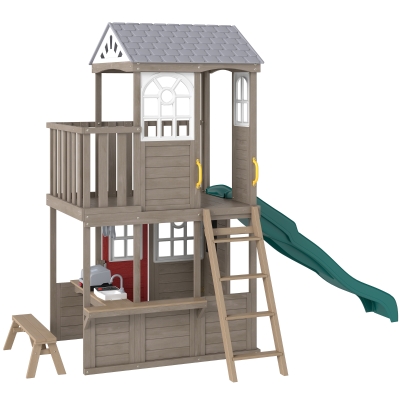 Qaba Wooden Two-Story Kids Playhouse with Slide, Bench & Kitchen
