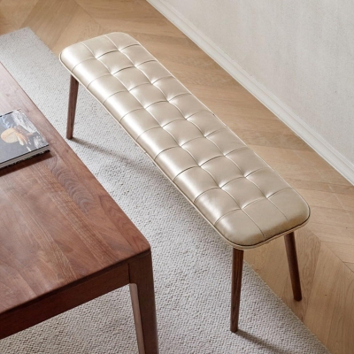 Solid Dining Bench with Top-Grain Leather Upholstered Seat, 51″ L x 12.5″ W x 17.5″ H, Khaki+Brown