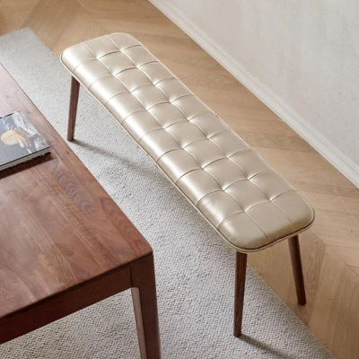 Solid Dining Bench with Top-Grain Leather Upholstered Seat, 51″ L x 12.5″ W x 17.5″ H, Khaki+Brown