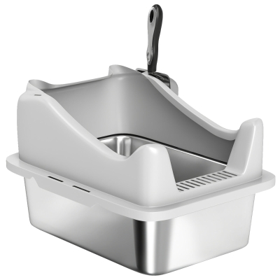 PawHut Cat Litter Box Stainless Steel with Metal Litter Scoop, Never Absorbs Odors, Anti Leakage, 17" x 13" x 10", Grey