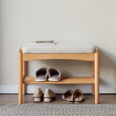 Solid Wood Shoe Bench with High-Rebound Sponge Cushion, 23.5″ L x 12″ W x 16.5″ H, Natural