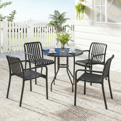 Outsunny Stackable Patio Chairs Set of 4, Outdoor Dining Chairs with Slatted Seat, Curved Backrest, Armrests, Black