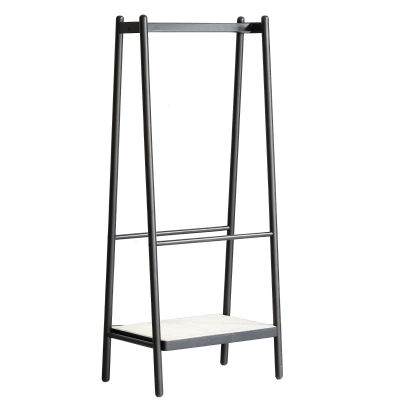 Solid Oak Clothes Rack with Handcrafted Rattan Hangers, 27.5″ L x 18″ W x 65″ H, Black