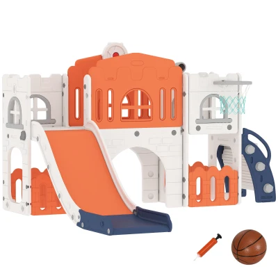 Qaba 9 in 1 Toddler Slide with Basketball Hoop, Climber, Telescope, Tunnel, Steering Wheel, for 1-3 Years, Orange