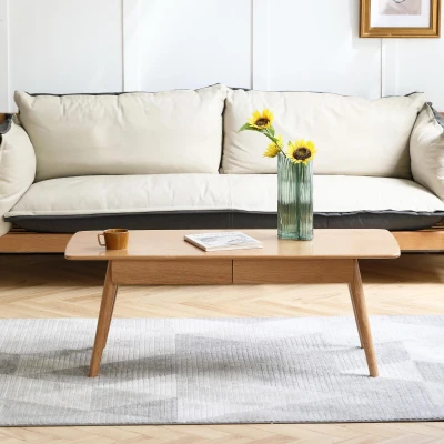 Solid Oak Coffee Table with 2-Drawer Storage and Open Shelf, 47″ L x 22″ W x 17.5″ H, Oak