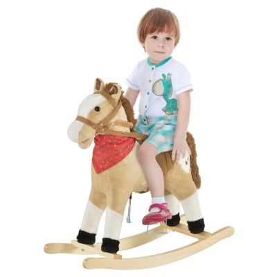 Qaba Kids Plush Rocking Horse Toy, Beige, Sounds, 3-6 Years