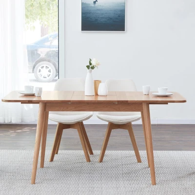 Extendable Dining Table with Telescopic Farmhouse Design, 63″ L x 31.5″ W x 29.5″ H, Light Oak