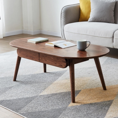 Solid Coffee Table with Modern Oval Top and Rounded Corners, 47″ L x 22″ W x 16.5″ H, Walnut