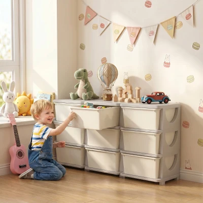 Qaba 29.5" 3-Tier Kids Storage Unit w/ 9 Drawers, Cream White