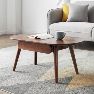 Compact Coffee Table with Storage Drawers and Rounded Edges, 39.5″ L x 22″ W x 16.5″ H, Oak