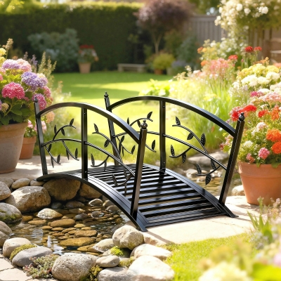 Outsunny 4 FT Metal Garden Bridge with Safety Railings, Outdoor Pond Bridge, Arch Decorative Footbridge for Creek Stream