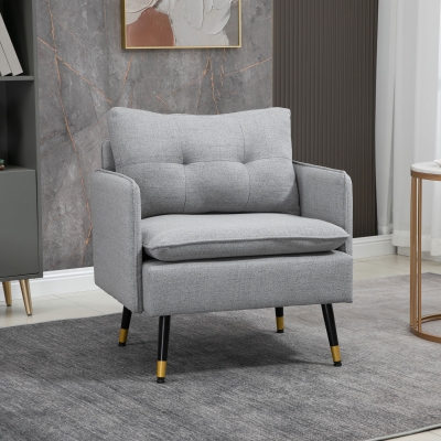 HOMCOM Accent Chair, Upholstered Armchair with Tufted Back Cushion and Steel Legs for Living Room, Bedroom, Grey