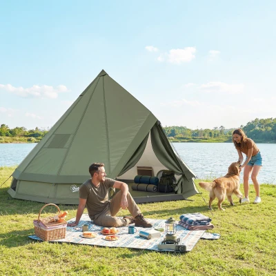 Outsunny Teepee Waterproof Camping Tent with Stove Jack, Army Green