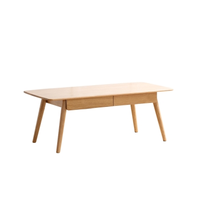Solid Oak Coffee Table with 2-Drawer Storage and Open Shelf, 47″ L x 22″ W x 17.5″ H, Oak