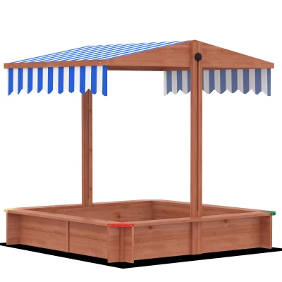 Outsunny Wooden Sandbox with Cover, Kids Sandbox Outdoor with Adjustable Canopy and Seats for Backyard, Beach, Dark Brown