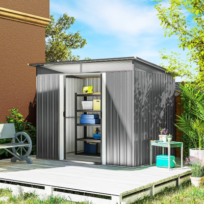 Outsunny 9' x 6.5' Outdoor Metal Garden Shed Utility Tool Storage Steel Backyard Storage House, Light Grey