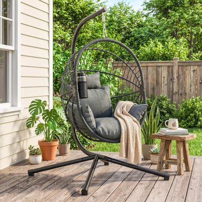 Outsunny Metal Stand Hanging Egg Chair, with Full Body Padded Seat - Grey