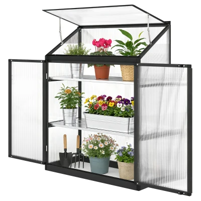 Outsunny Polycarbonate Greenhouse with 2-Tier Shelves Gardening Green House for Patio Garden, Black