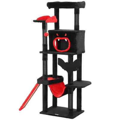 PawHut Gothic Cat Tree, 60" Tall Cat Tower with Coffin Bed,  Sisal Scratching Posts & Ramp, Condo, Hammock, Perches, Black
