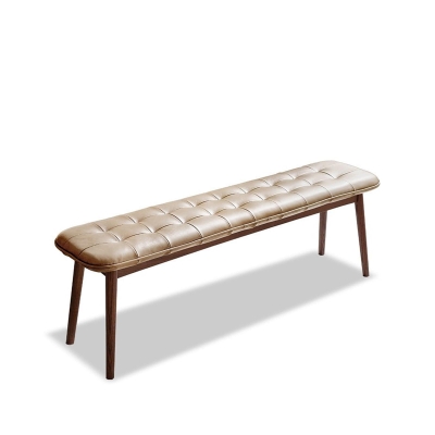 Solid Dining Bench with Top-Grain Leather Upholstered Seat, 51″ L x 12.5″ W x 17.5″ H, Khaki+Brown
