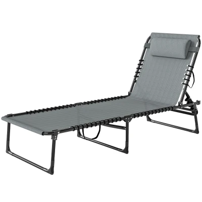 Outsunny Folding Lounge Chair, Adjustable Chaise Lounge with Headrest, Reclining Lounger Cot for Camping, Hiking, Light Grey