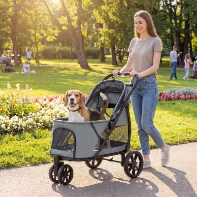 PawHut 3-Wheel Pet Stroller with Quick Fold & Mesh Window, Gray