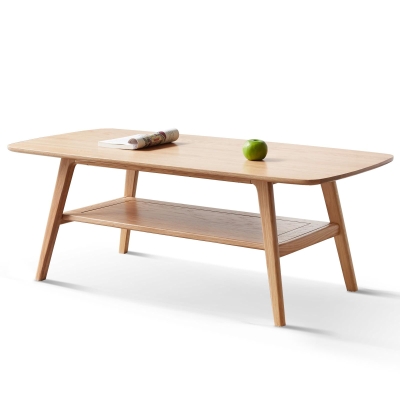 Heavy-Duty Coffee Table with 2-Tier Storage Shelf & Rounded Corners, 47″ L x 22″ W x 17.5″ H, Oak