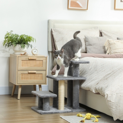 PawHut Cat Stairs with Sisal Scratching Post for High Bed Couch, Adjustable 3-Tier Pet Stairs, Grey