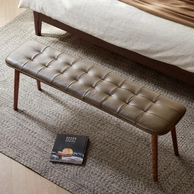 Upholstered Dining Bench with Top-Grain Leather Cushion, 51″ L x 12.5″ W x 17.5″ H, Brown