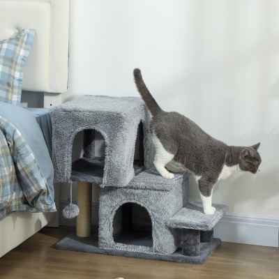 PawHut 4-Step Pet Stairs, Adjustable Height Cat Stairs with Scratching Posts Cat Condo, Hanging Ball for High Bed, Grey