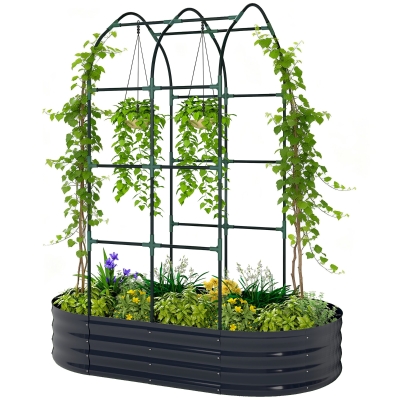 Outsunny Metal Raised Garden Bed with Arched Trellis, 5x3x6ft, Gray