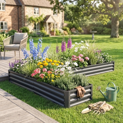 Outsunny L-Shaped Raised Garden Bed, 82" x 109" x 12" Galvanized Steel Planter Box with Multi-reinforced Rods for Vegetables, Flowers and Herbs, Dark Grey