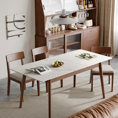 Extendable Dining Table with Stone Slab Tabletop, 59″ L x 31.5″ W x 29.5″ H, White+Walnut