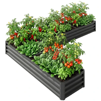 Outsunny L-Shaped Raised Garden Bed, 82" x 109" x 12" Galvanized Steel Planter Box with Multi-reinforced Rods for Vegetables, Flowers and Herbs, Dark Grey