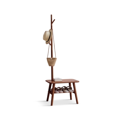 Solid Shoe Bench with Coat Rack and High-Rebound Sponge Cushion, 31.5″ L x 13.5″ W x 65.5″ H, Walnut