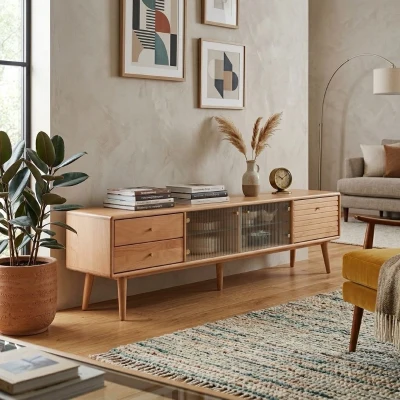 Modern TV Cabinet with High-Quality Glass Doors, 71″ L x 12.5″ W x 16.5″ H, Natural Wood