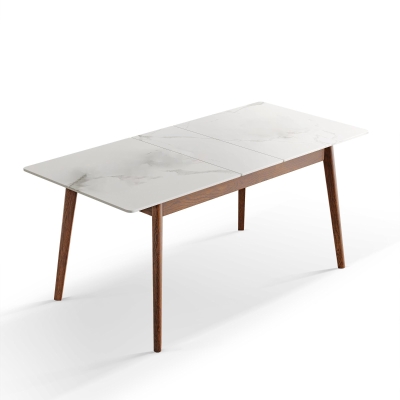 Extendable Dining Table with Stone Slab Tabletop, 59″ L x 31.5″ W x 29.5″ H, White+Walnut
